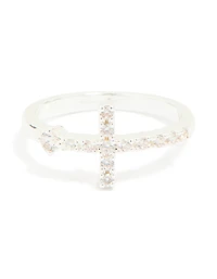 Silver Plated Cubic Zirconia Simple Side Cross Ring