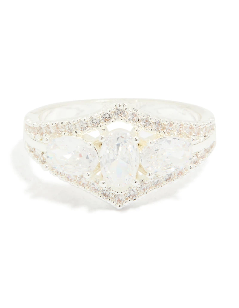 Silver Plated Multi-Shaped Cubic Zirconia 3-Stone Ring
