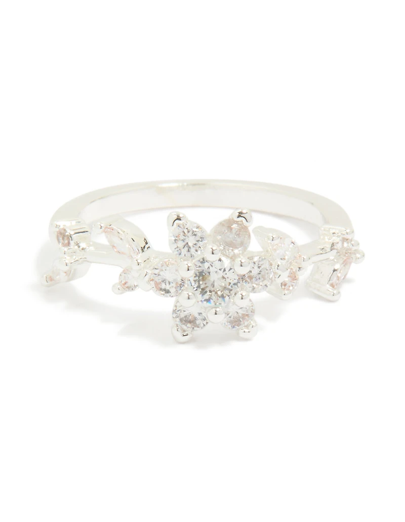Silver Plated Cubic Zirconia Dainty Flower Ring
