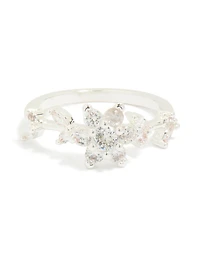 Silver Plated Cubic Zirconia Dainty Flower Ring