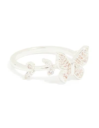 Silver Plated Cubic Zirconia Dainty Butterfly & Leaf Ring