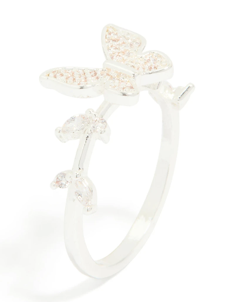 Silver Plated Cubic Zirconia Dainty Butterfly & Leaf Ring