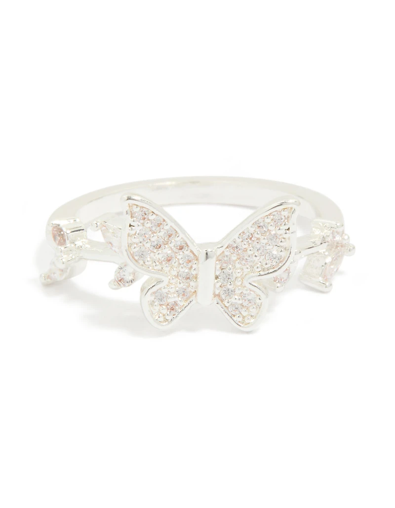 Silver Plated Cubic Zirconia Dainty Butterfly & Leaf Ring