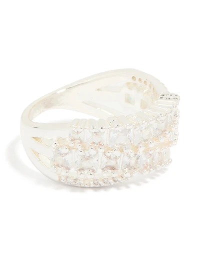 Silver Plated Cubic Zirconia Crossover Layered Ring