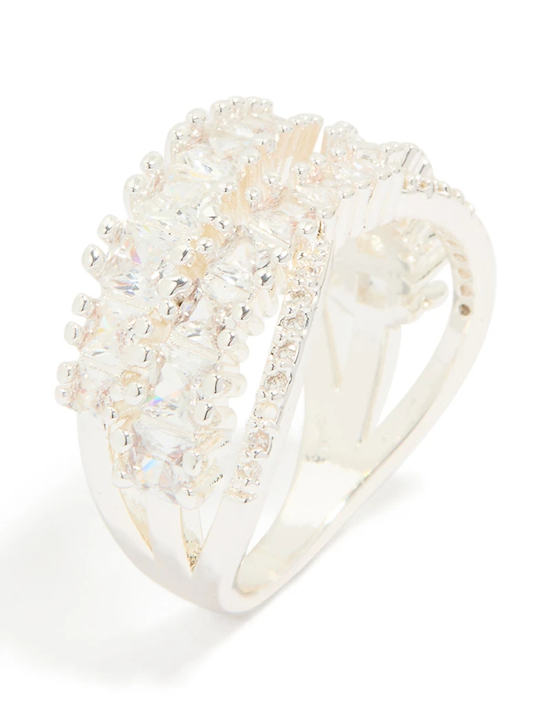 Silver Plated Cubic Zirconia Crossover Layered Ring
