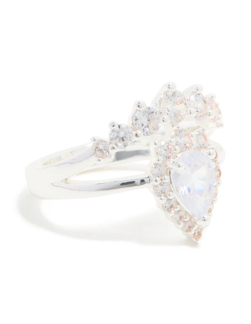 Silver Plated Cubic Zirconia Pear & Crown Layered Ring