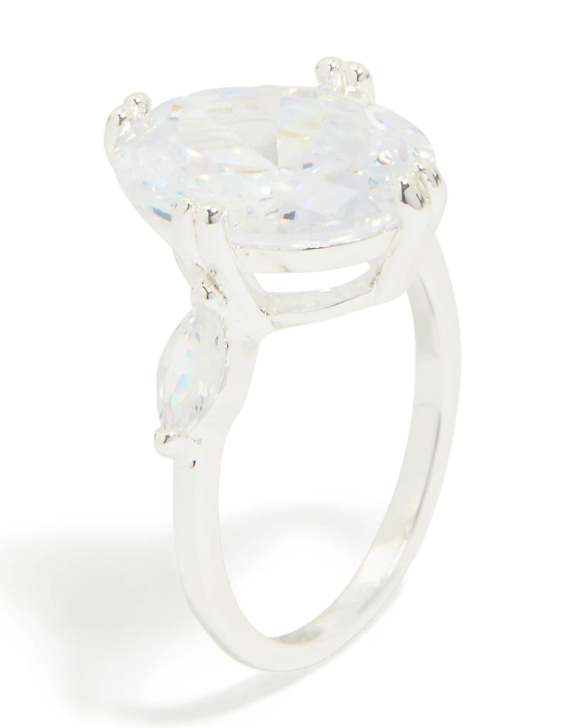 Silver Plated Cubic Zirconia Large Oval Statement Ring