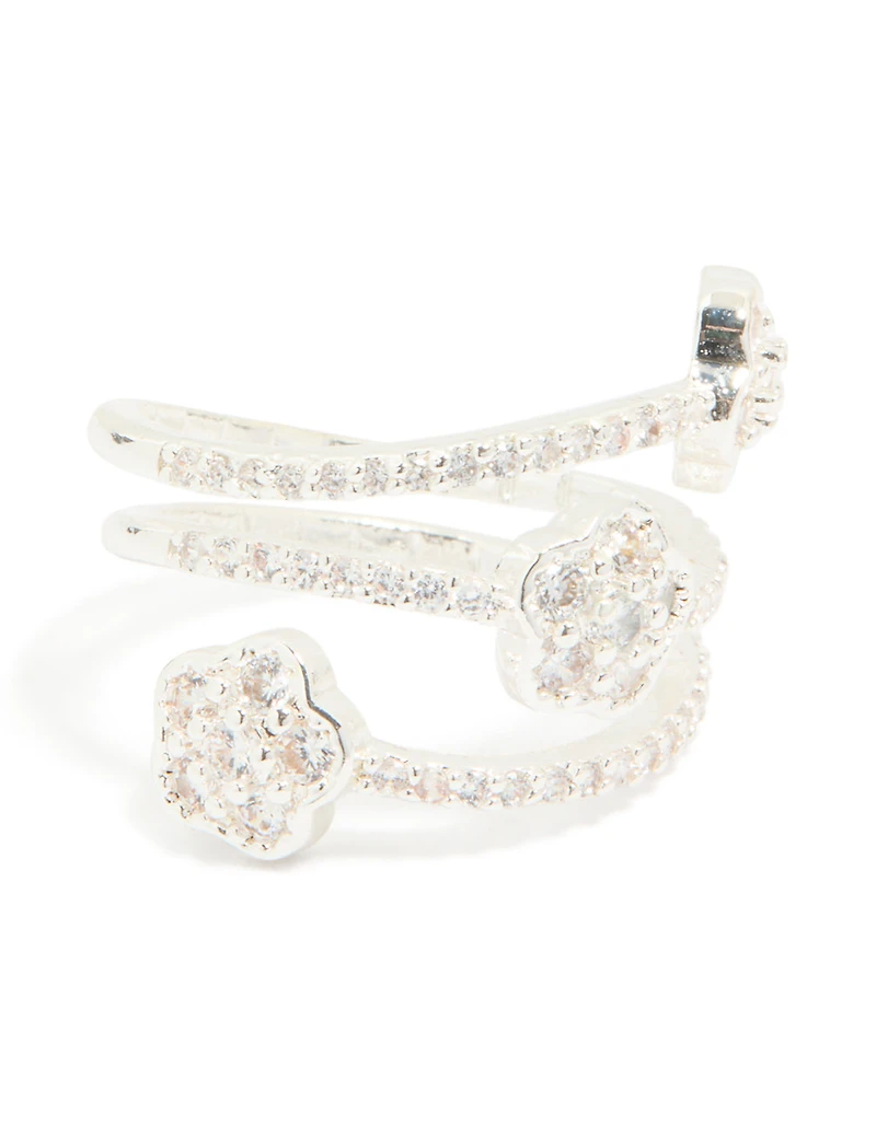 Silver Plated Cubic Zirconia Triple Layer Flower Wrap Around Ring