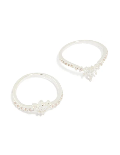 Silver Plated Cubic Zirconia Triple Leaf & Crown Stacking Rings 2-Pack