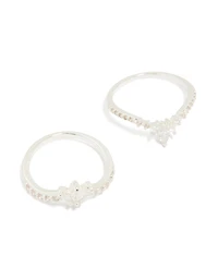 Silver Plated Cubic Zirconia Triple Leaf & Crown Stacking Rings 2-Pack