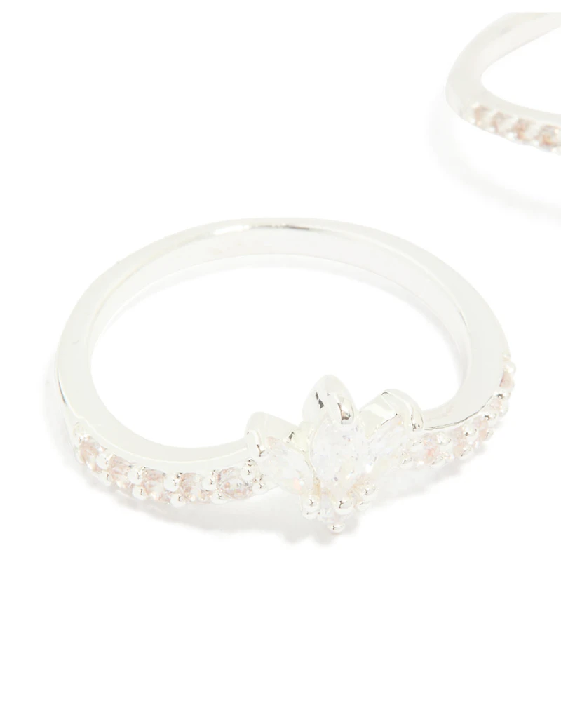 Silver Plated Cubic Zirconia Triple Leaf & Crown Stacking Rings 2-Pack