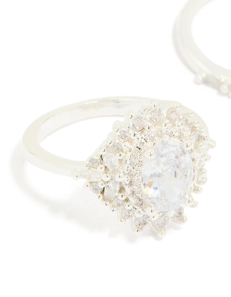 Silver Plated Cubic Zirconia Large Oval & Crown Rings 2-Pack