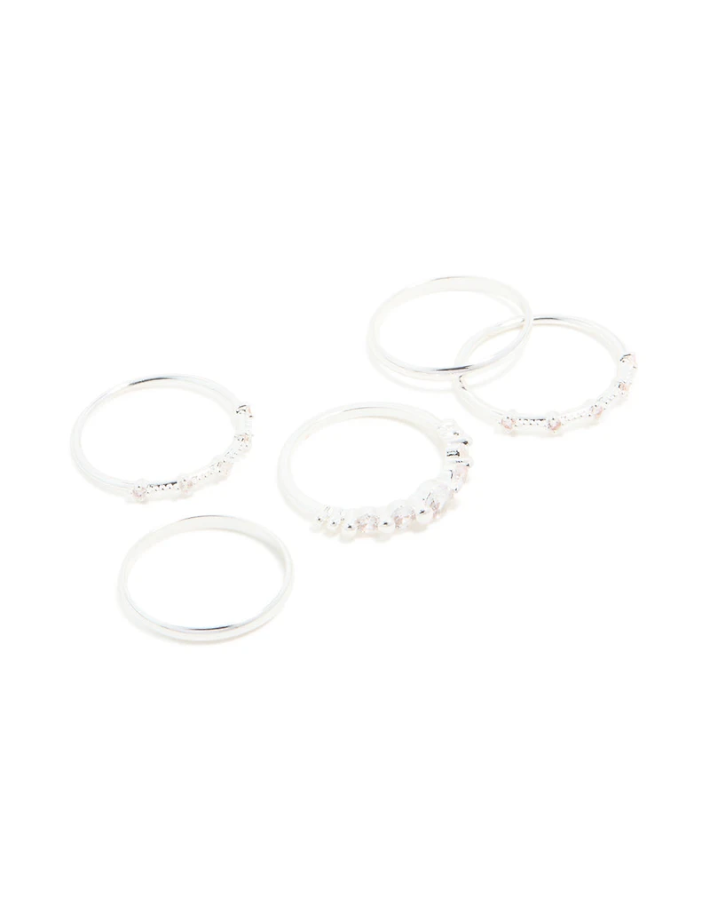 Silver Plated Dainty Cubic Zirconia Stacking Rings 5-Pack