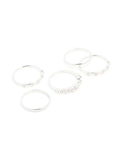 Silver Plated Dainty Cubic Zirconia Stacking Rings 5-Pack
