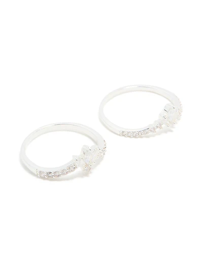 Silver Plated Cubic Zirconia Triple Leaf & Crown Stacking Rings 2-Pack