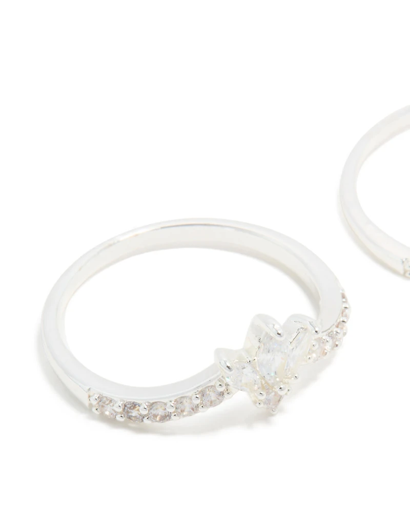 Silver Plated Cubic Zirconia Triple Leaf & Crown Stacking Rings 2-Pack