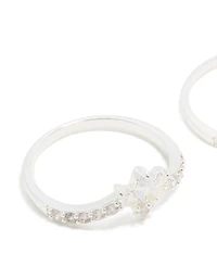 Silver Plated Cubic Zirconia Triple Leaf & Crown Stacking Rings 2-Pack