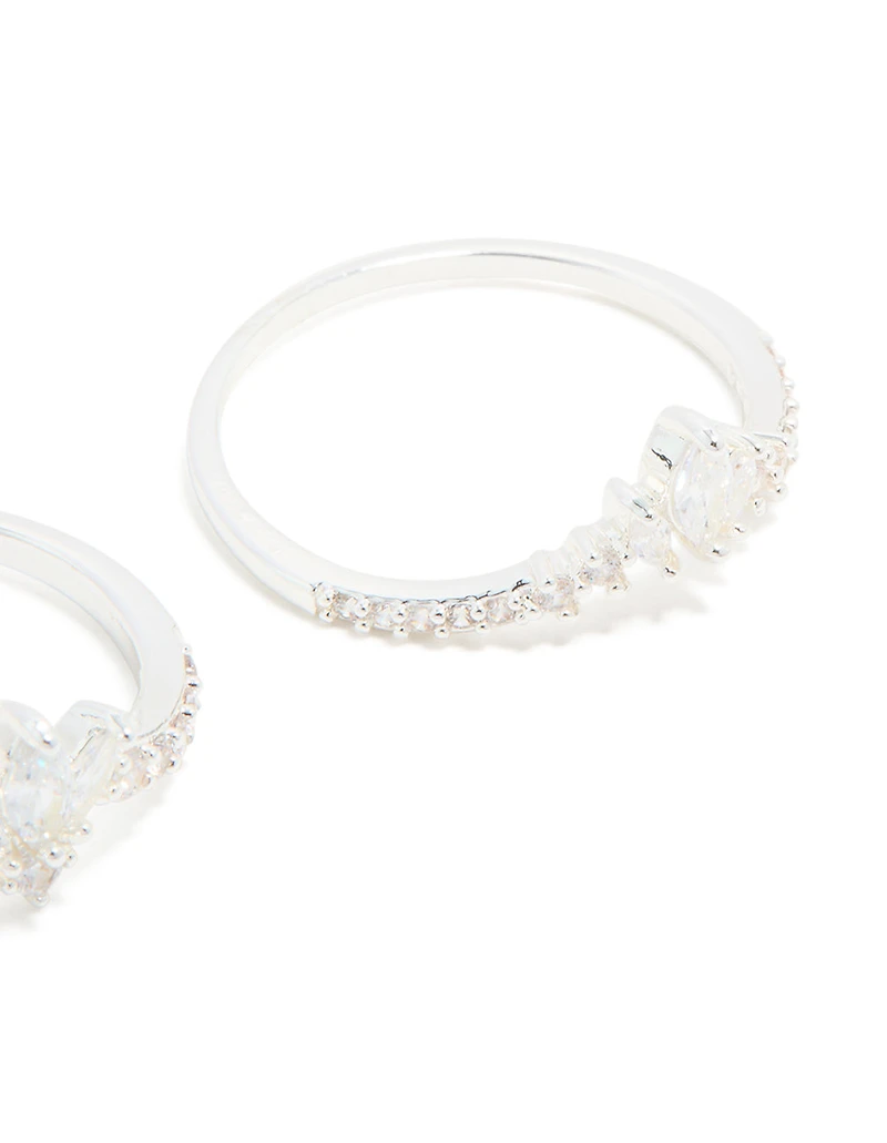 Anneaux d’empilage triple feuilles et couronne en zircone cubique plaqués argent