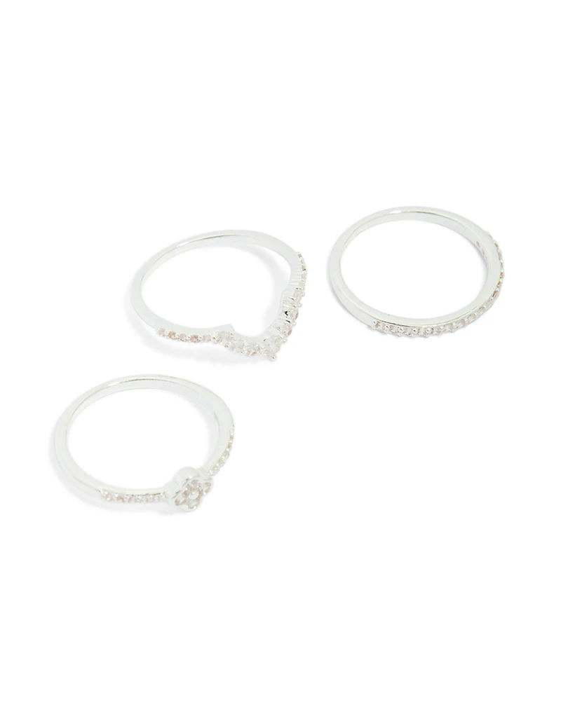 Silver Plated Cubic Zirconia Dainty Flower & Band  Stacking Rings 3-Pack