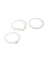 Silver Plated Cubic Zirconia Dainty Flower & Band  Stacking Rings 3-Pack