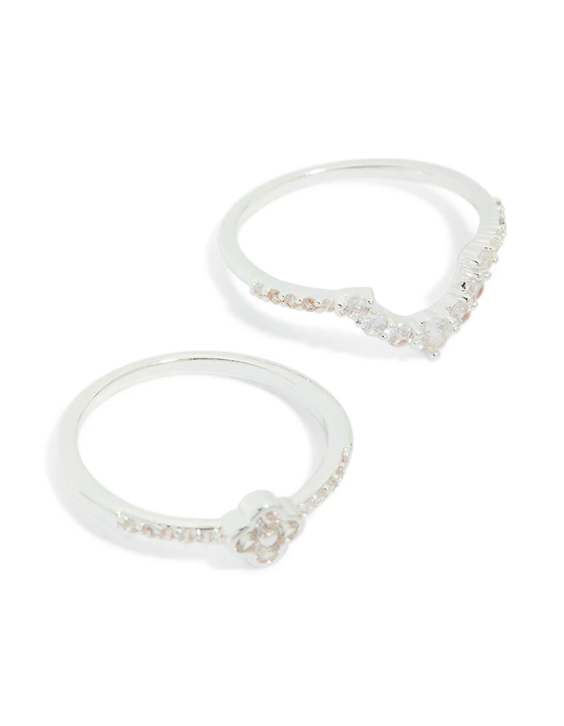 Silver Plated Cubic Zirconia Dainty Flower & Band  Stacking Rings 3-Pack