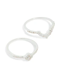Silver Plated Cubic Zirconia Dainty Flower & Band  Stacking Rings 3-Pack