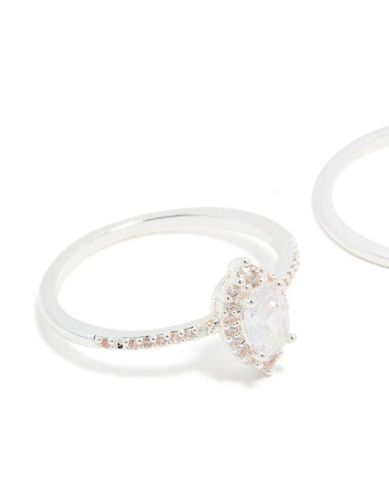Silver Plated Cubic Zirconia Pear & Crown Stacking Rings 2-Pack