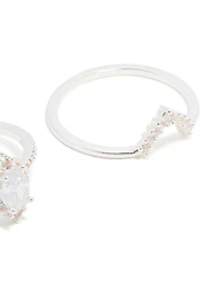 Silver Plated Cubic Zirconia Pear & Crown Stacking Rings 2-Pack