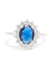 Silver Plated Blue Cubic Zirconia Oval Border Ring