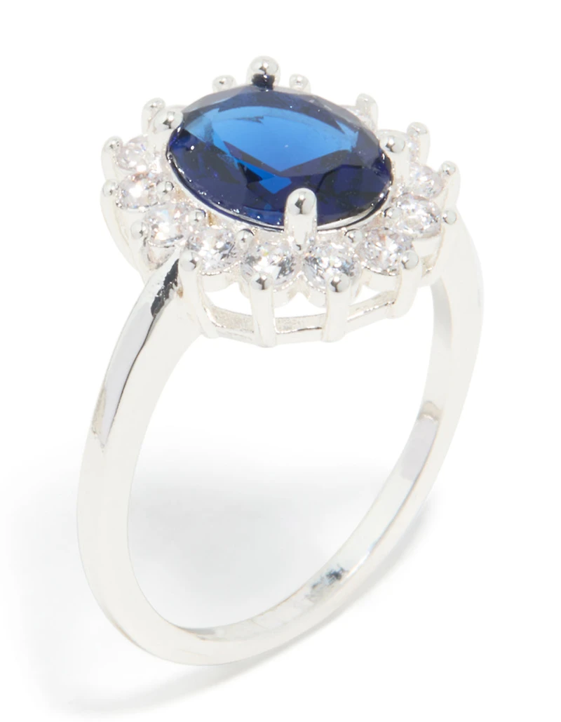 Silver Plated Blue Cubic Zirconia Oval Border Ring