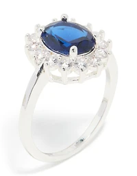 Silver Plated Blue Cubic Zirconia Oval Border Ring
