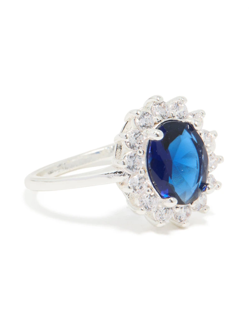 Silver Plated Blue Cubic Zirconia Oval Border Ring