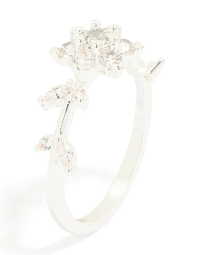 Silver Plated Cubic Zirconia Dainty Flower Ring