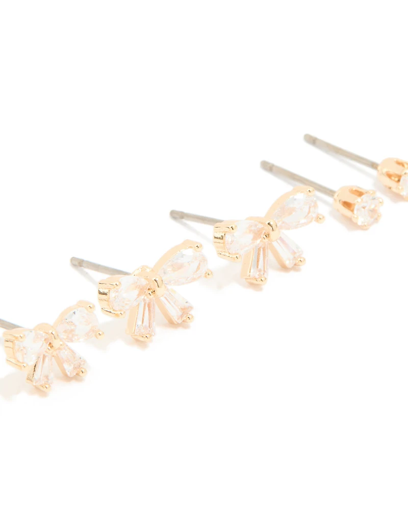 Gold Cubic Zirconia Bow & Classic Stud Earrings 3-Pack