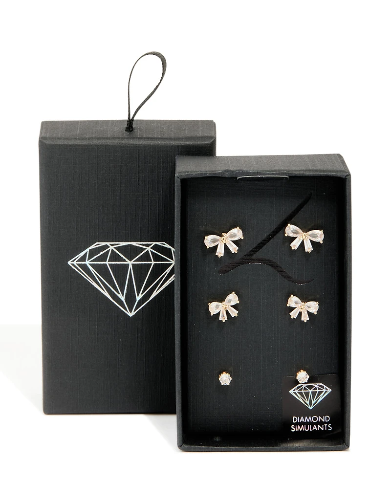 Gold Cubic Zirconia Bow & Classic Stud Earrings 3-Pack