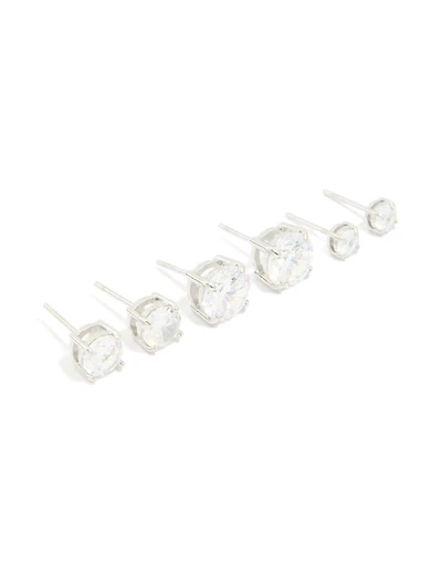 Silver Cubic Zirconia Multi-Sized Stud Earrings 3-Pack