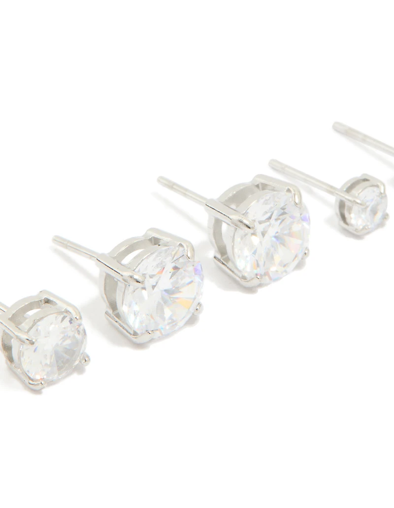 Silver Cubic Zirconia Multi-Sized Stud Earrings 3-Pack