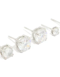 Silver Cubic Zirconia Multi-Sized Stud Earrings 3-Pack