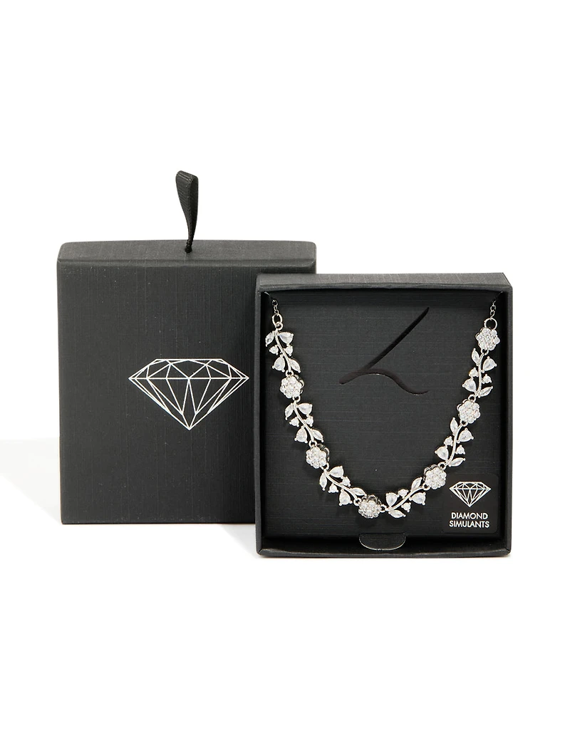 Silver Cubic Zirconia Flower & Vine Necklace