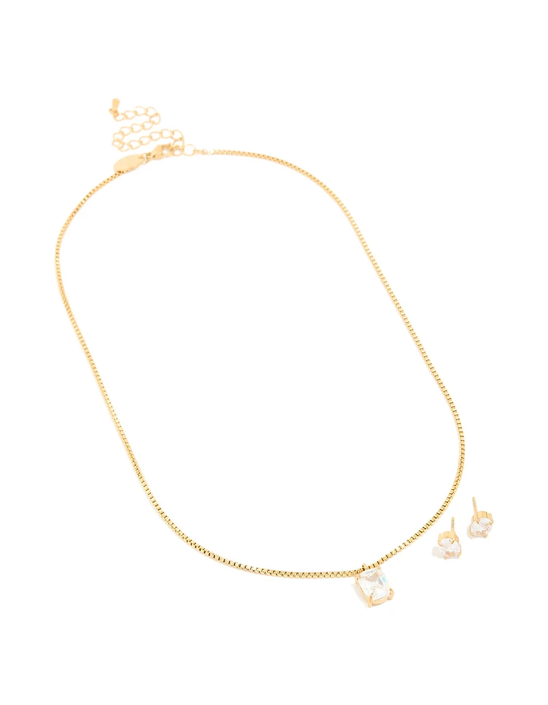 Gold Cubic Zirconia Pendant Necklace & Stud Earrings Set