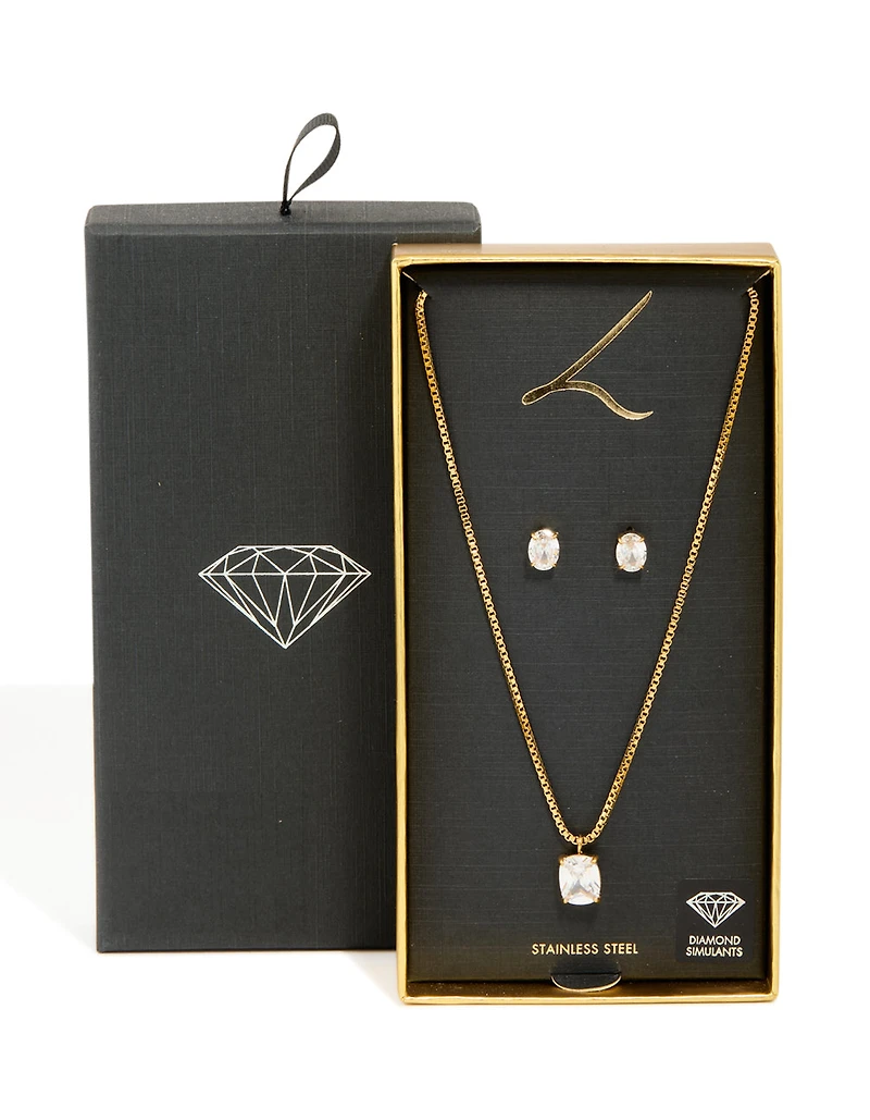 Gold Cubic Zirconia Pendant Necklace & Stud Earrings Set