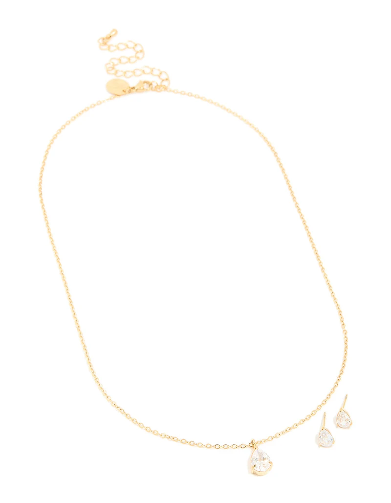 Gold Cubic Zirconia Pear Pendant Necklace & Stud Earrings Set