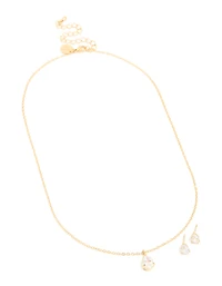 Gold Cubic Zirconia Pear Pendant Necklace & Stud Earrings Set