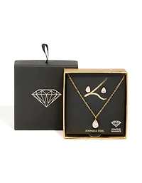 Gold Cubic Zirconia Pear Pendant Necklace & Stud Earrings Set
