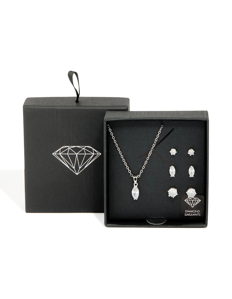 Silver Cubic Zirconia Pendant Necklace & Earrings Set