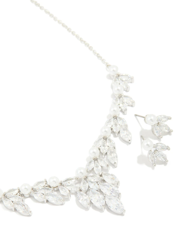 Silver Pearl Cubic Zirconia Flower Earrings & Necklace Set