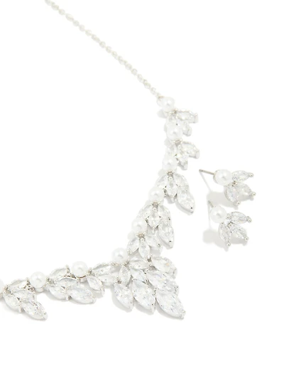 Silver Pearl Cubic Zirconia Flower Earrings & Necklace Set