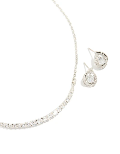 Silver Cubic Zirconia Pear Knot Earrings & Tennis Necklace Set