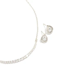 Silver Cubic Zirconia Pear Knot Earrings & Tennis Necklace Set