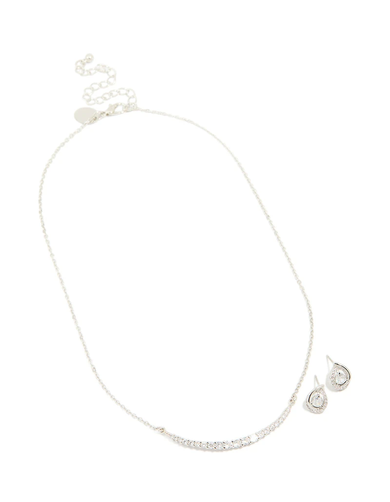 Silver Cubic Zirconia Pear Knot Earrings & Tennis Necklace Set